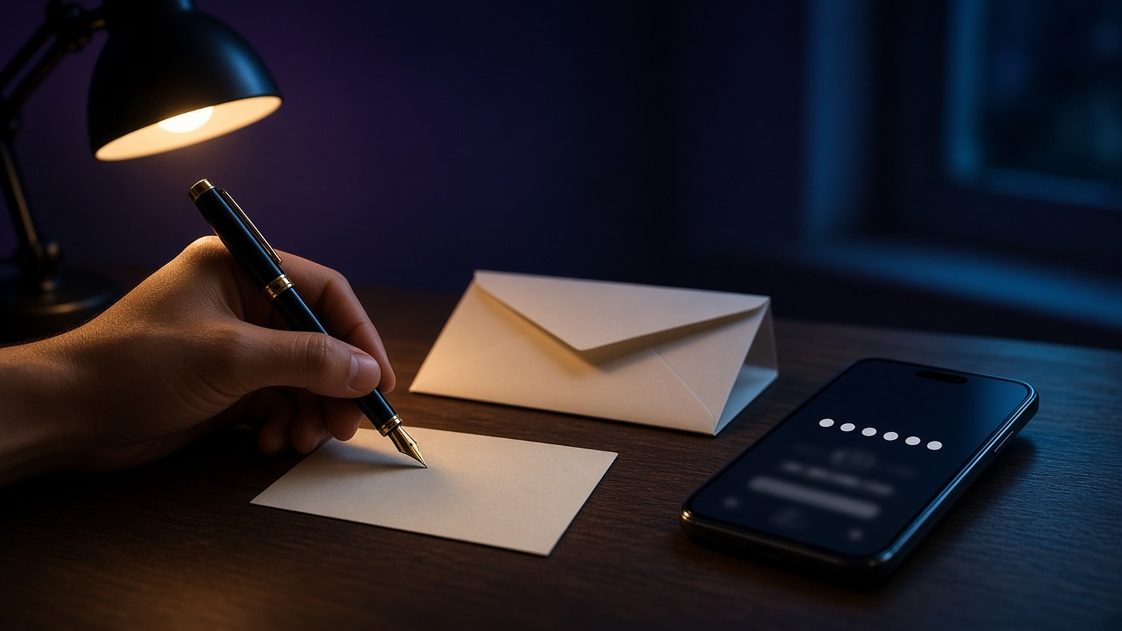 Hand holding a fountain pen over a blank card under lamplight