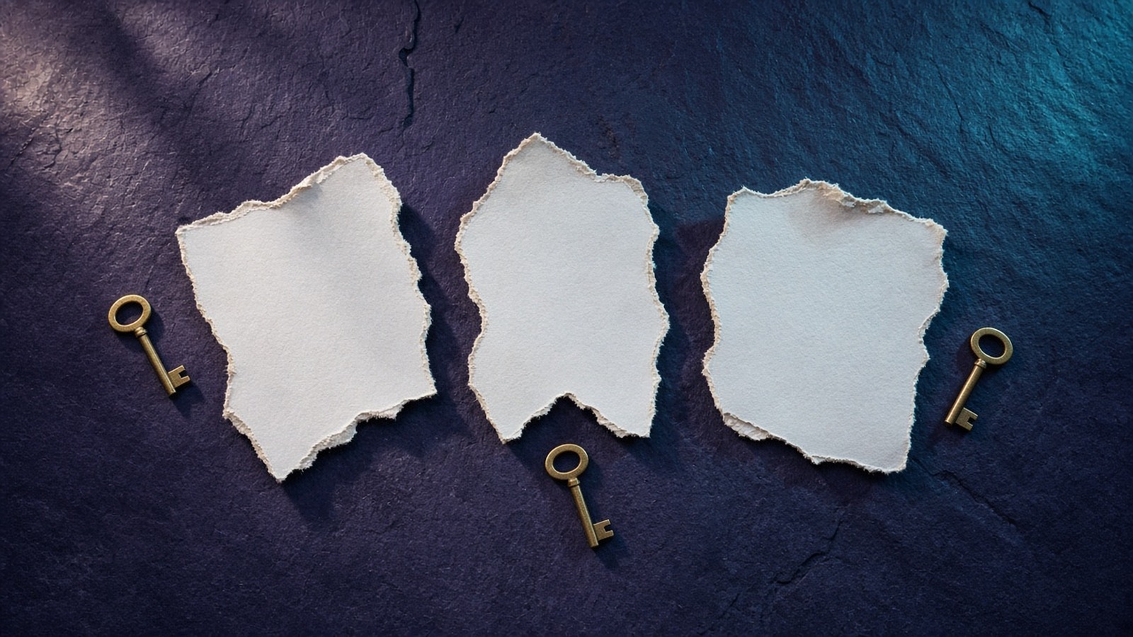 Three torn pieces of paper with old keys laid between them on a dark stone surface