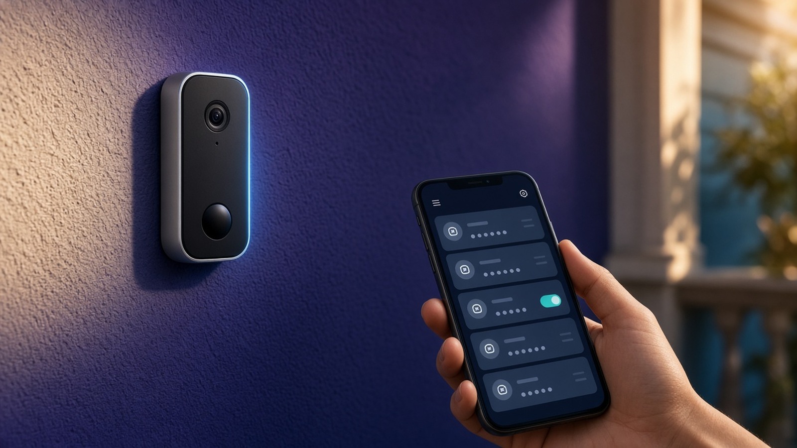 A hand holding a phone with device toggles beside a video doorbell on a wall