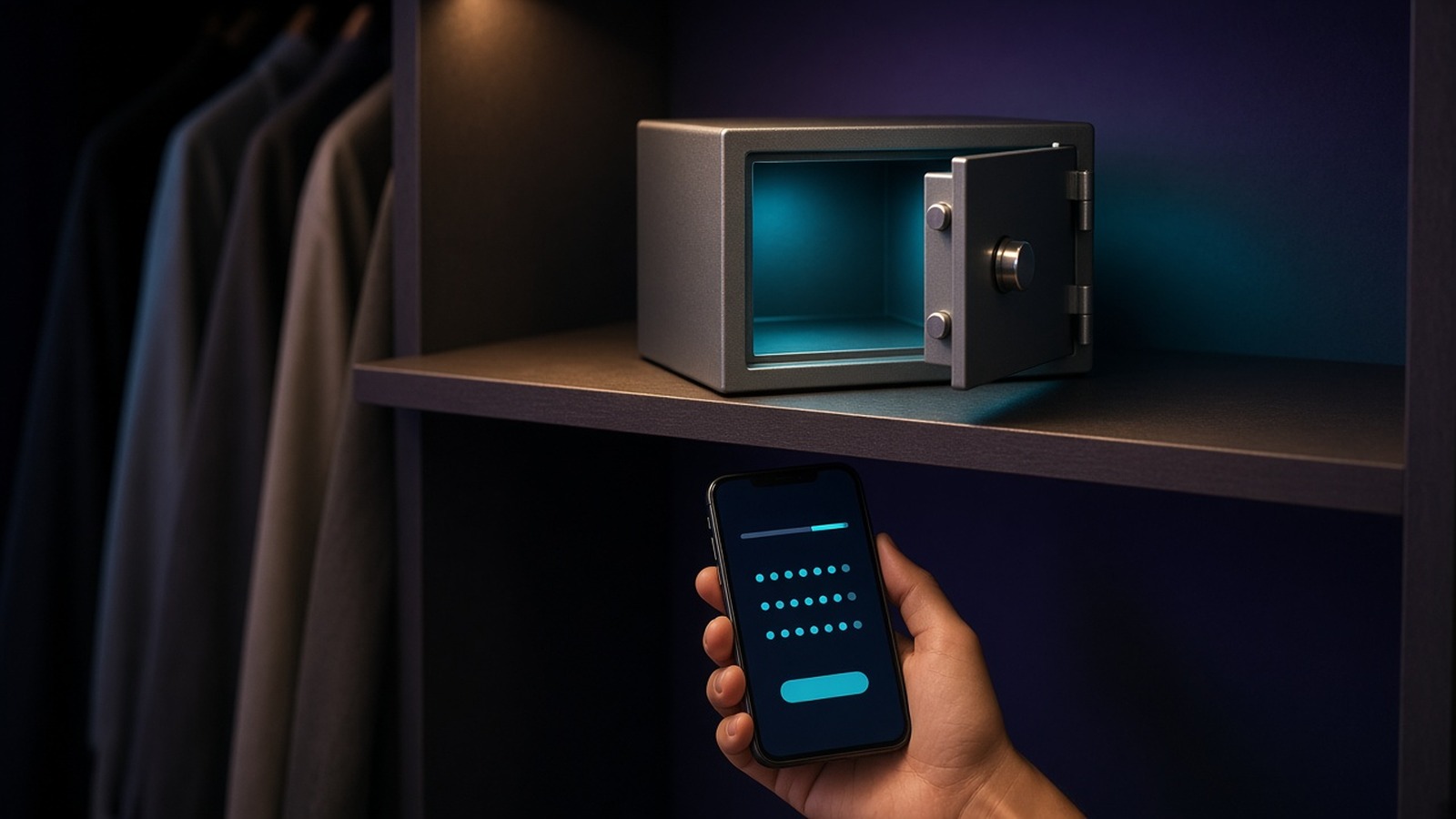 A small safe on a closet shelf above a hand holding a phone with masked details