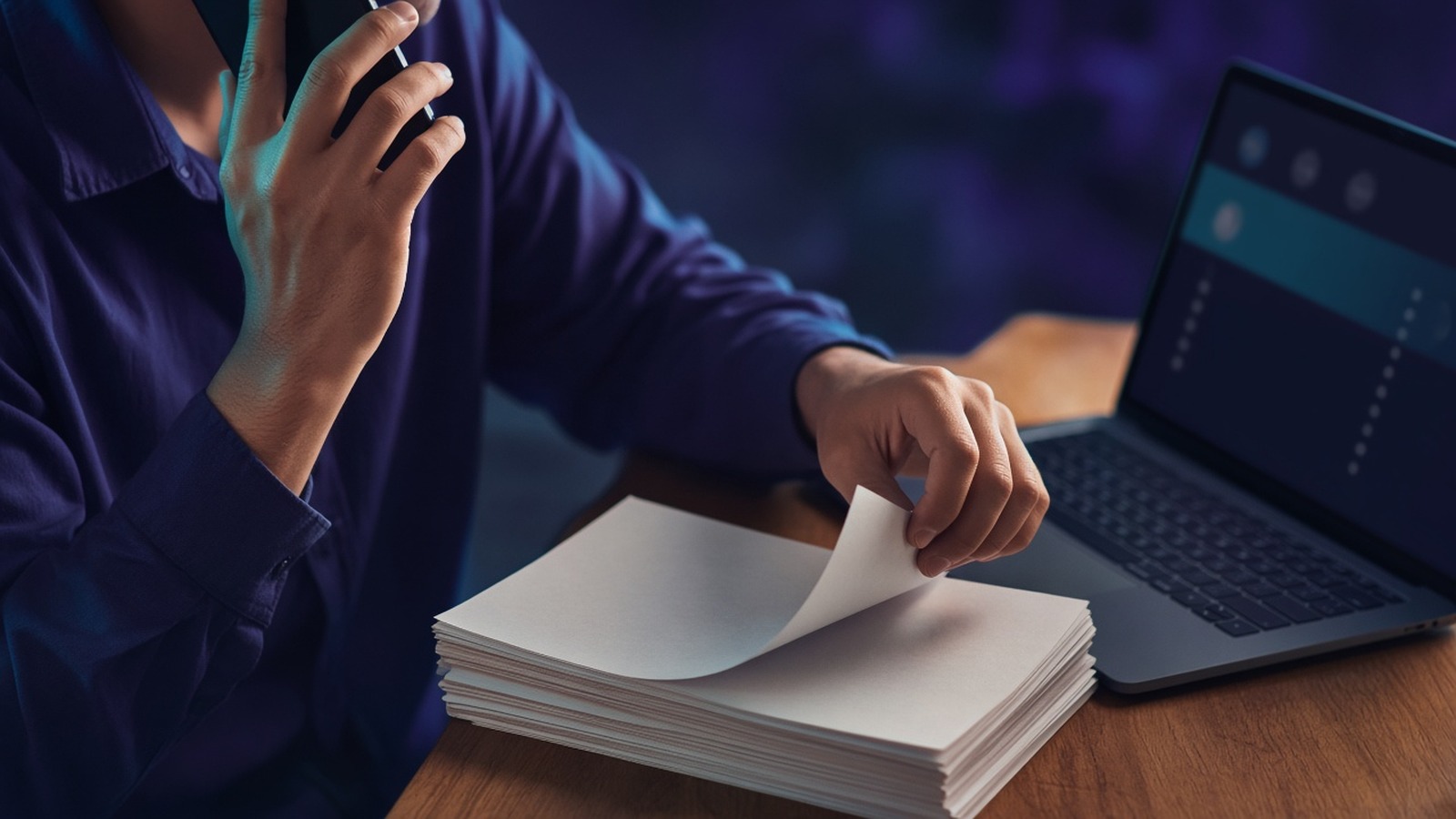 A person turning pages of a paper stack beside an open laptop