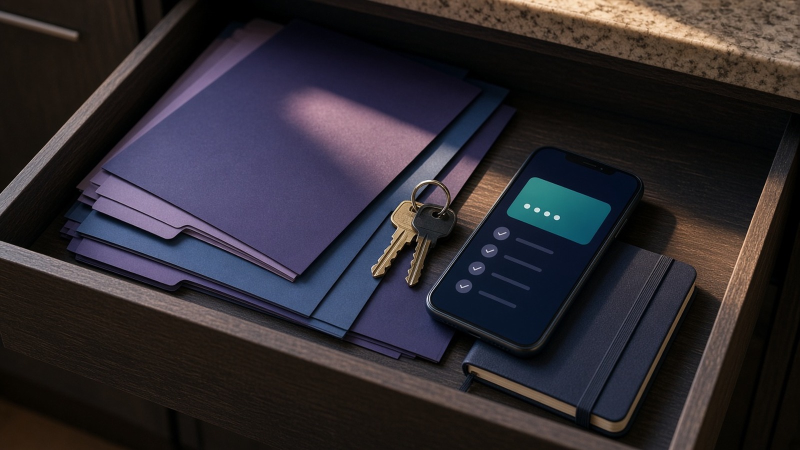 Open drawer with folders, keys, a notebook and a phone showing a checklist
