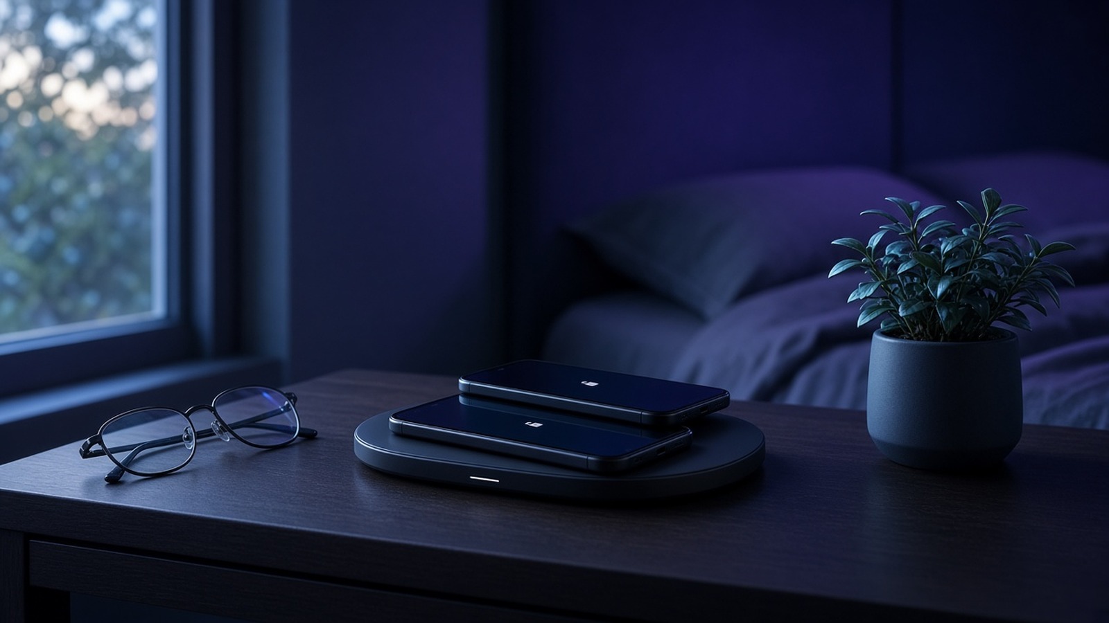Two phones resting on a charger at dawn