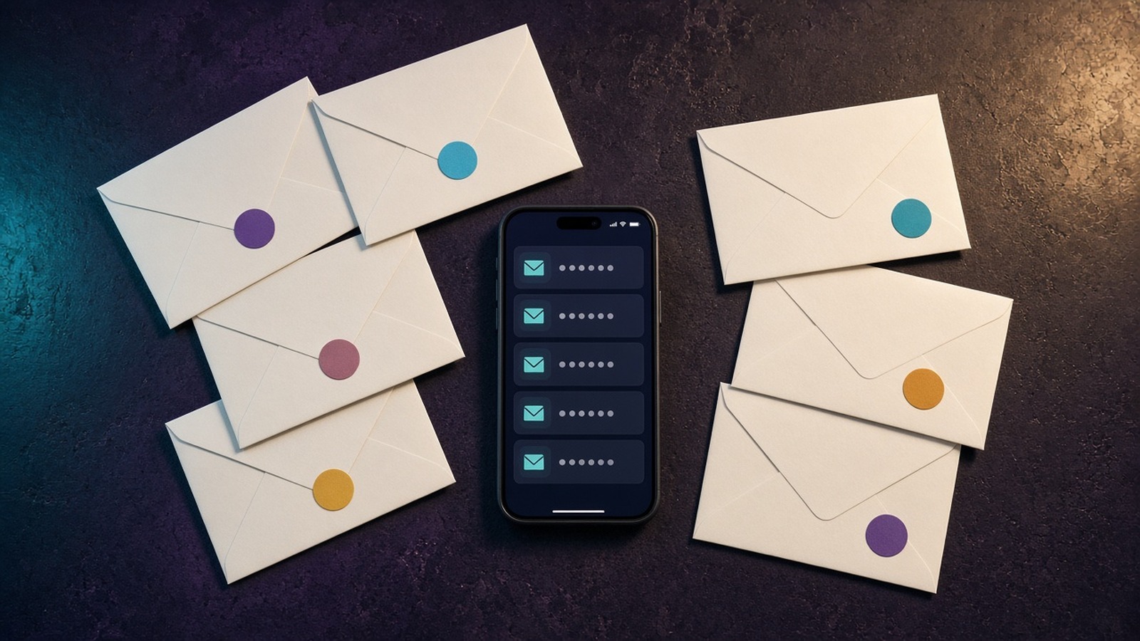 A phone with a masked list surrounded by envelopes marked with colored dots