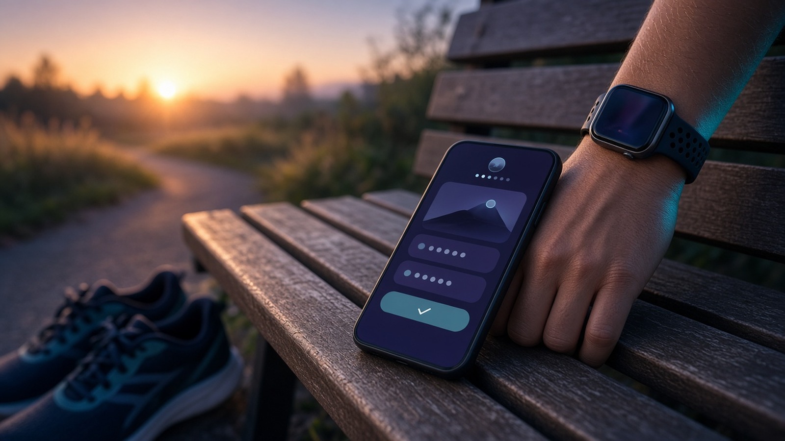A hand on a park bench wearing a smartwatch holding a phone near running shoes at sunset