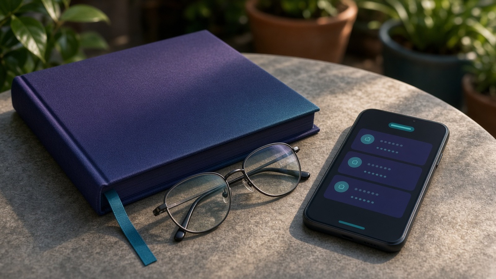 A dark notebook and glasses beside a phone with a list on an outdoor stone table