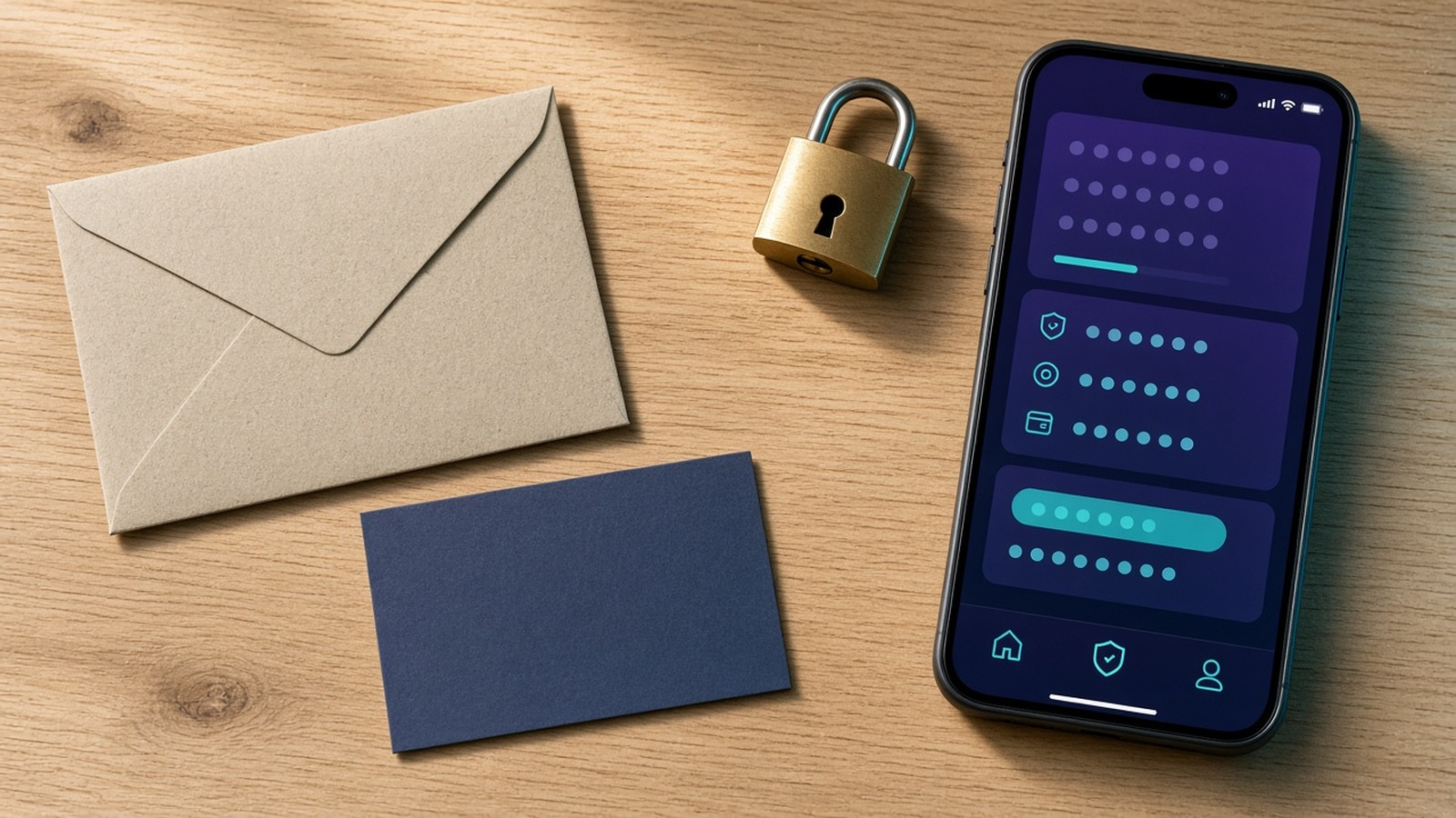 An envelope, a padlock, and a dark card beside a phone with masked password fields on a wooden table