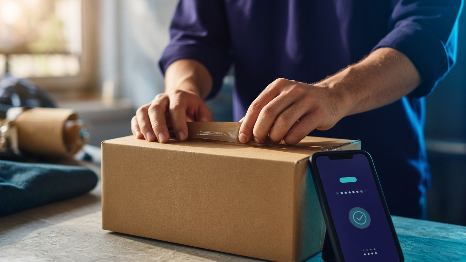 Hands sealing a cardboard box beside a phone with a confirmation screen