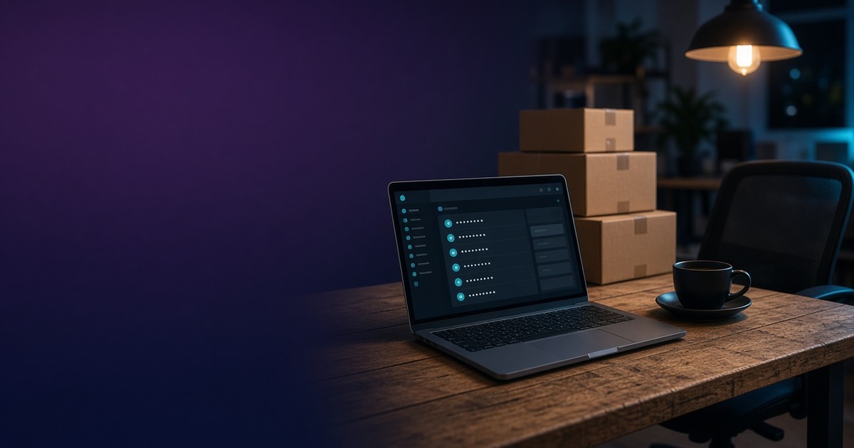 A laptop on a wooden desk beside stacked moving boxes and a coffee cup