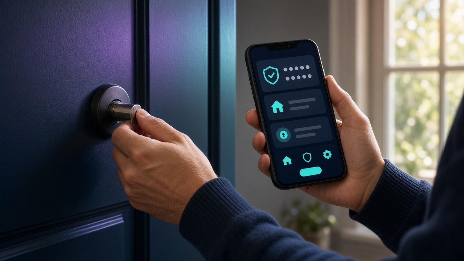 A hand turning a door lock while holding a phone with a home security app
