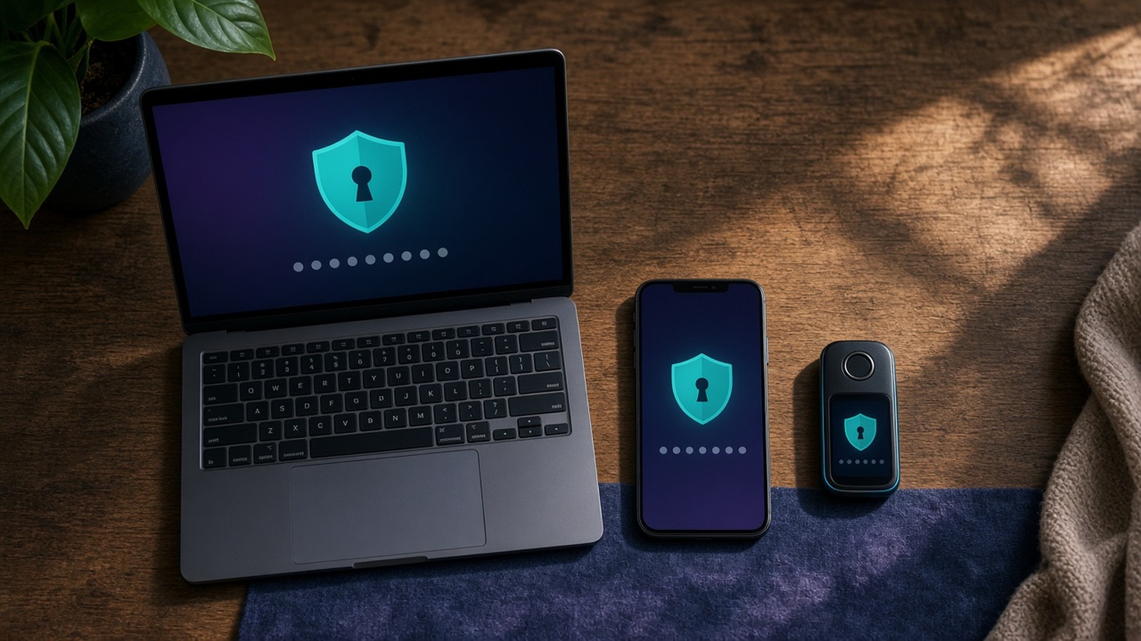 A laptop with a shield and keyhole icon beside a phone and a hardware security key