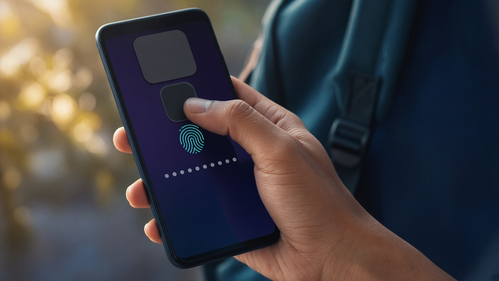 A hand holding a phone with a fingerprint prompt in soft outdoor light