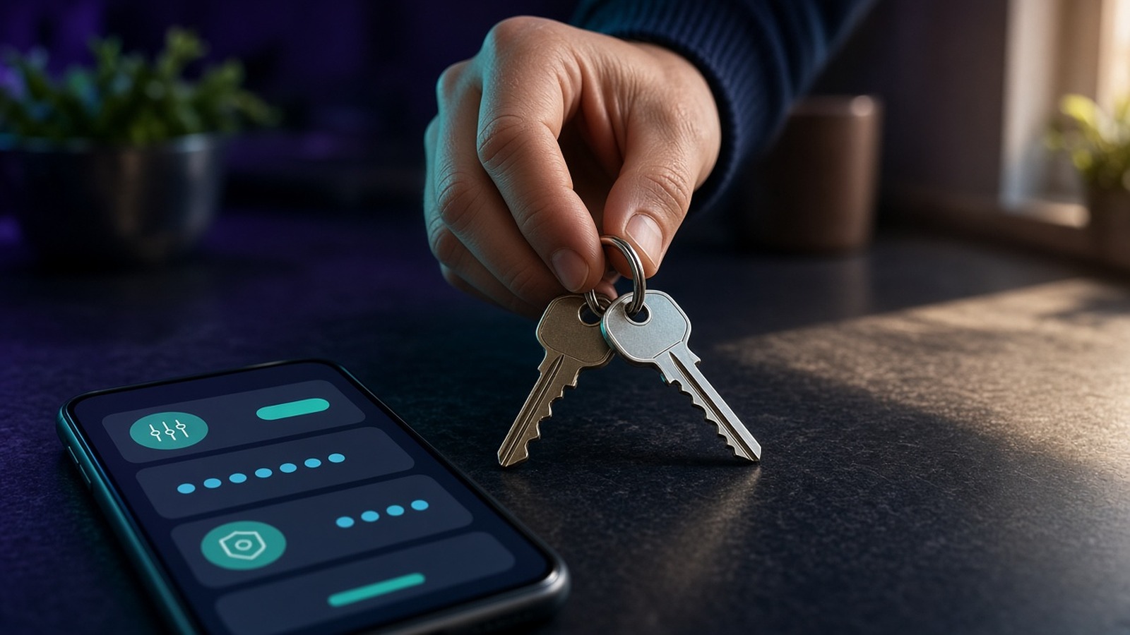 A hand holding a set of keys above a phone showing masked fields on a dark counter