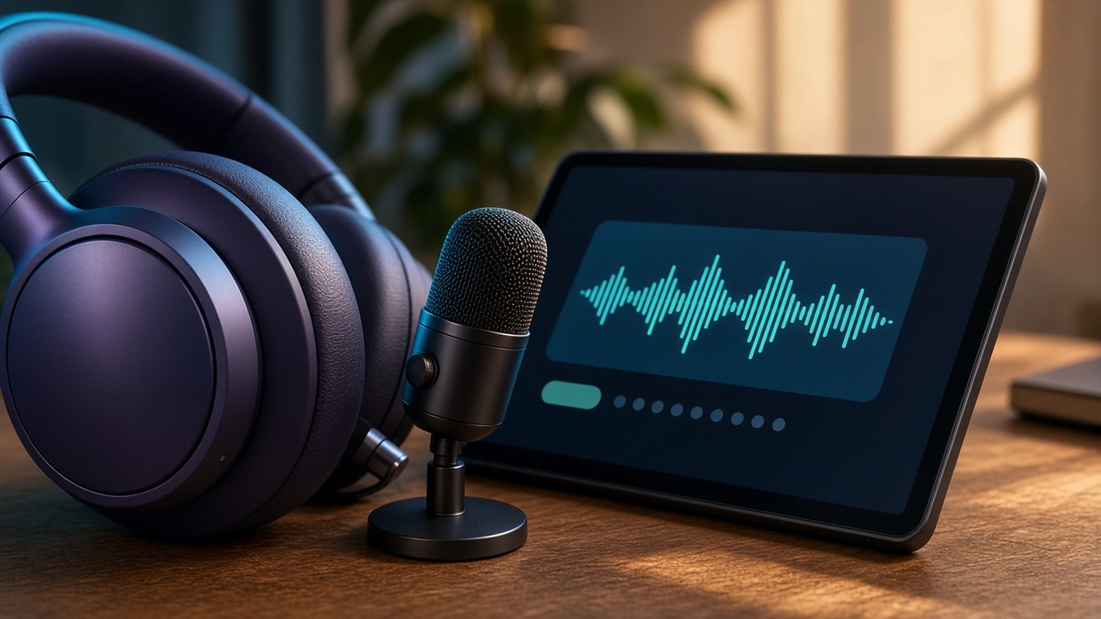 Headphones and a microphone in front of a tablet displaying a sound waveform
