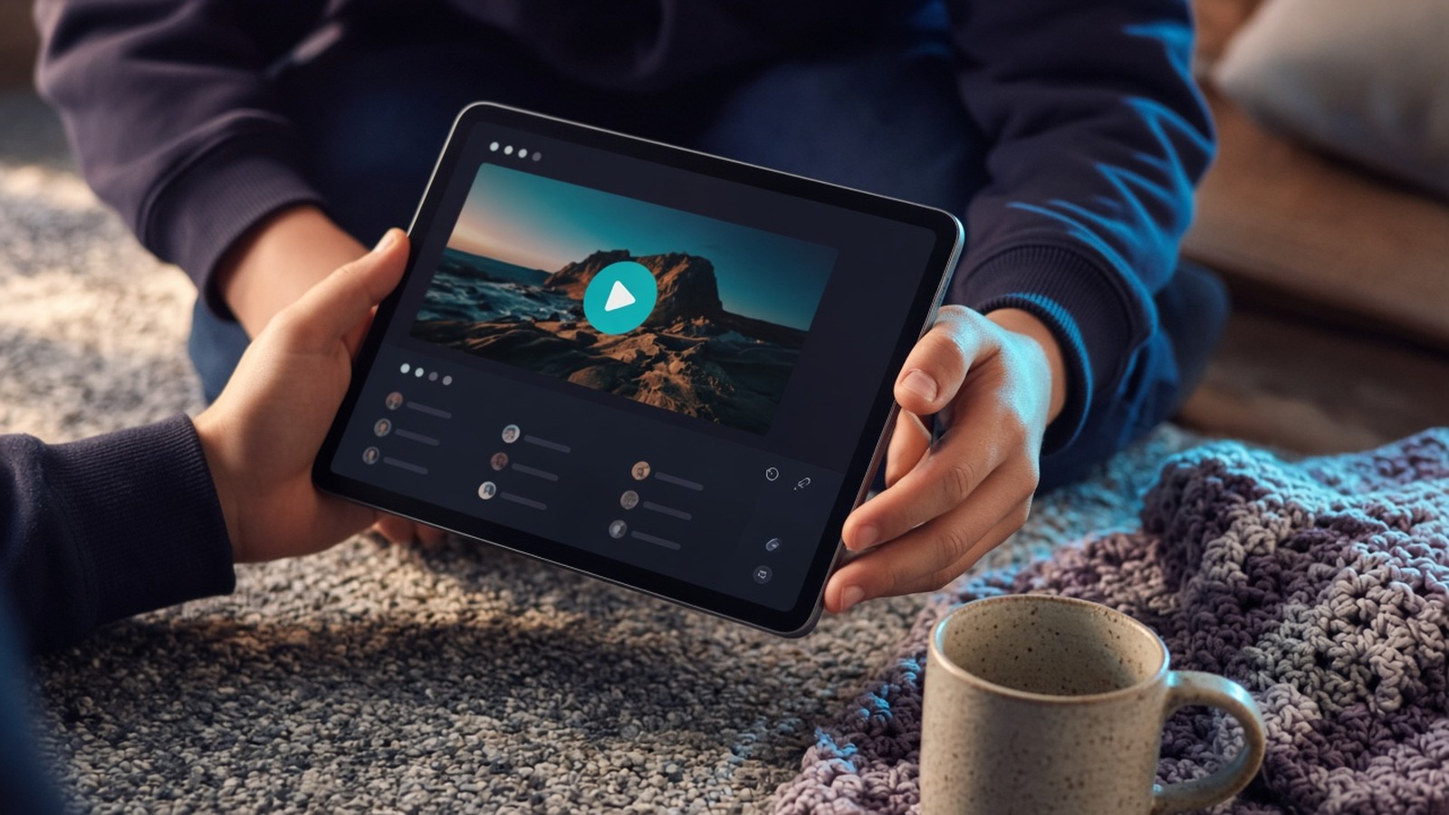 Two people holding a tablet showing a video player beside a mug on a rug