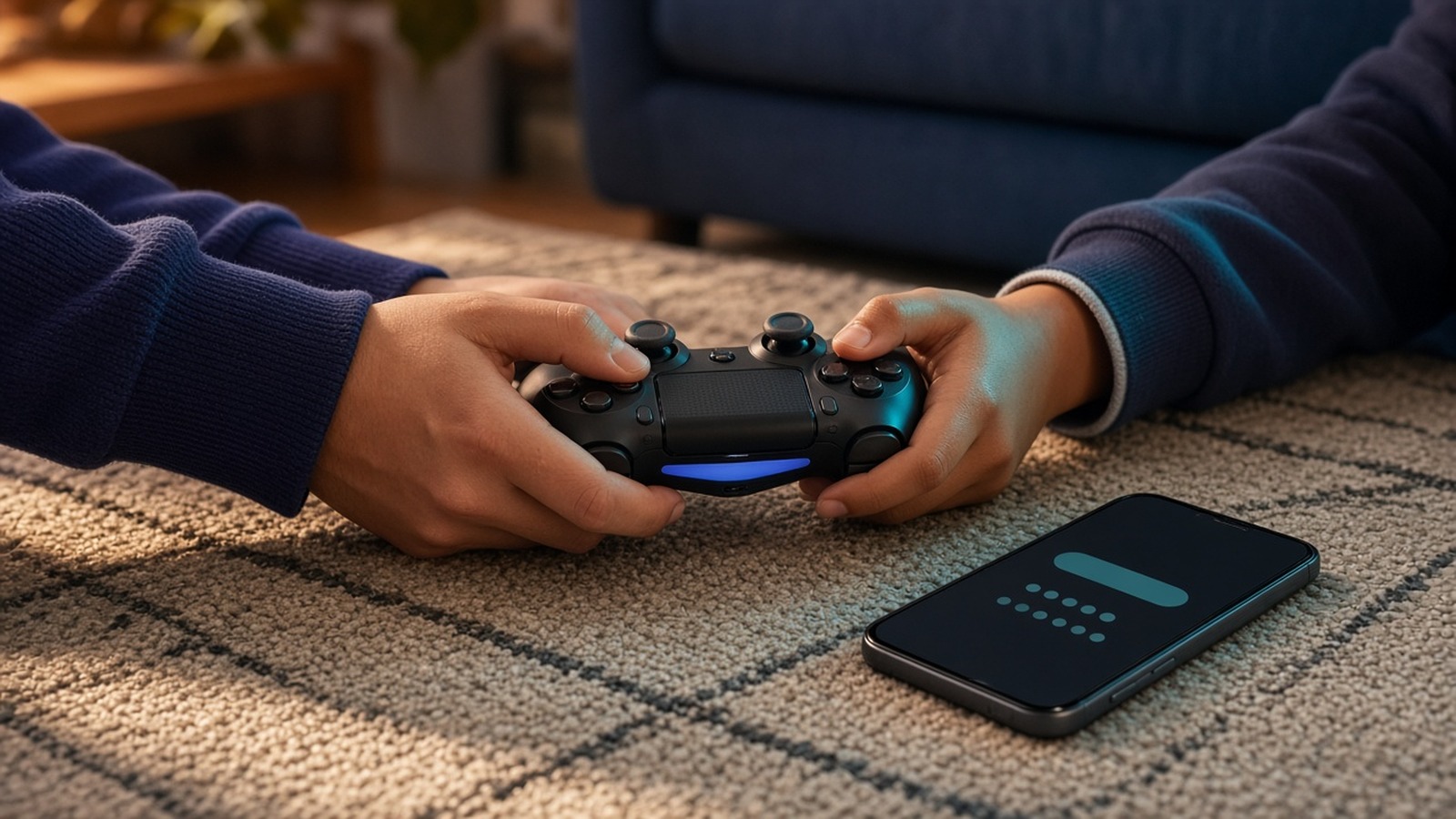 Hands holding a game controller on a rug beside a phone with a masked screen