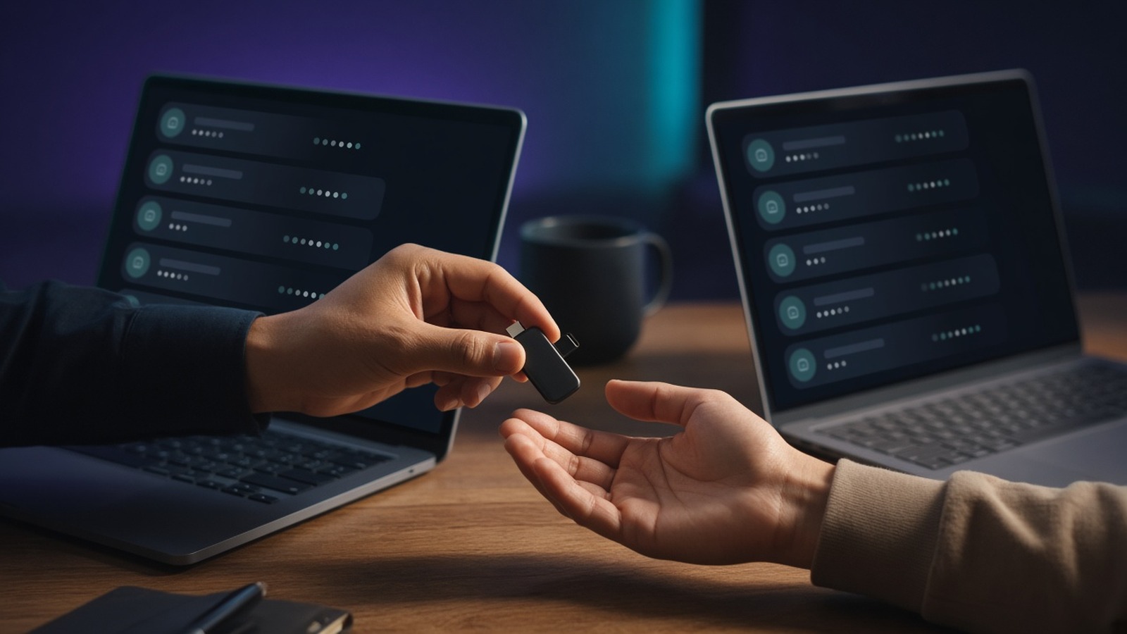 One hand passing a small hardware key to another between two laptops