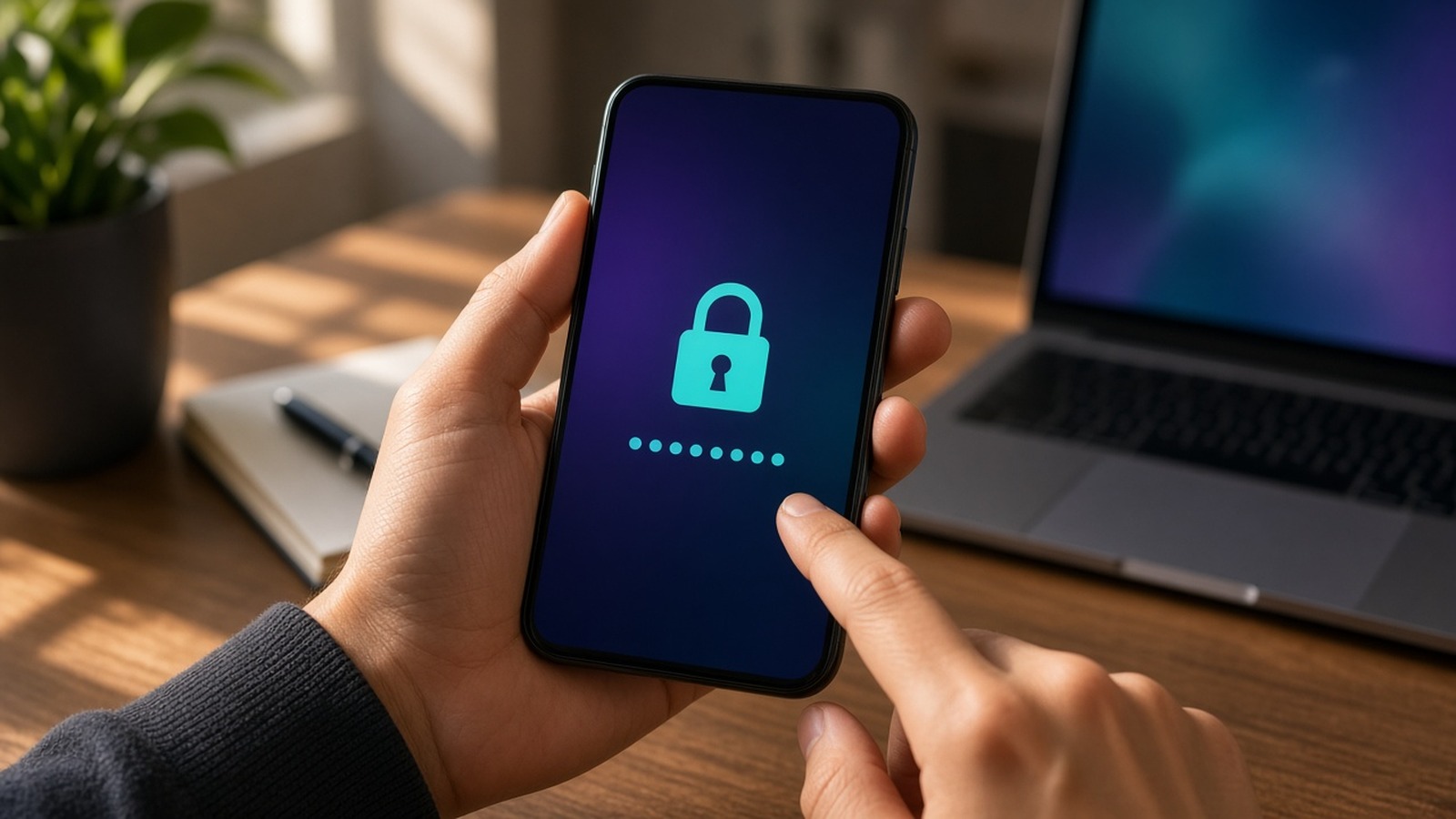A hand holding a phone with a padlock and masked fields in front of a laptop