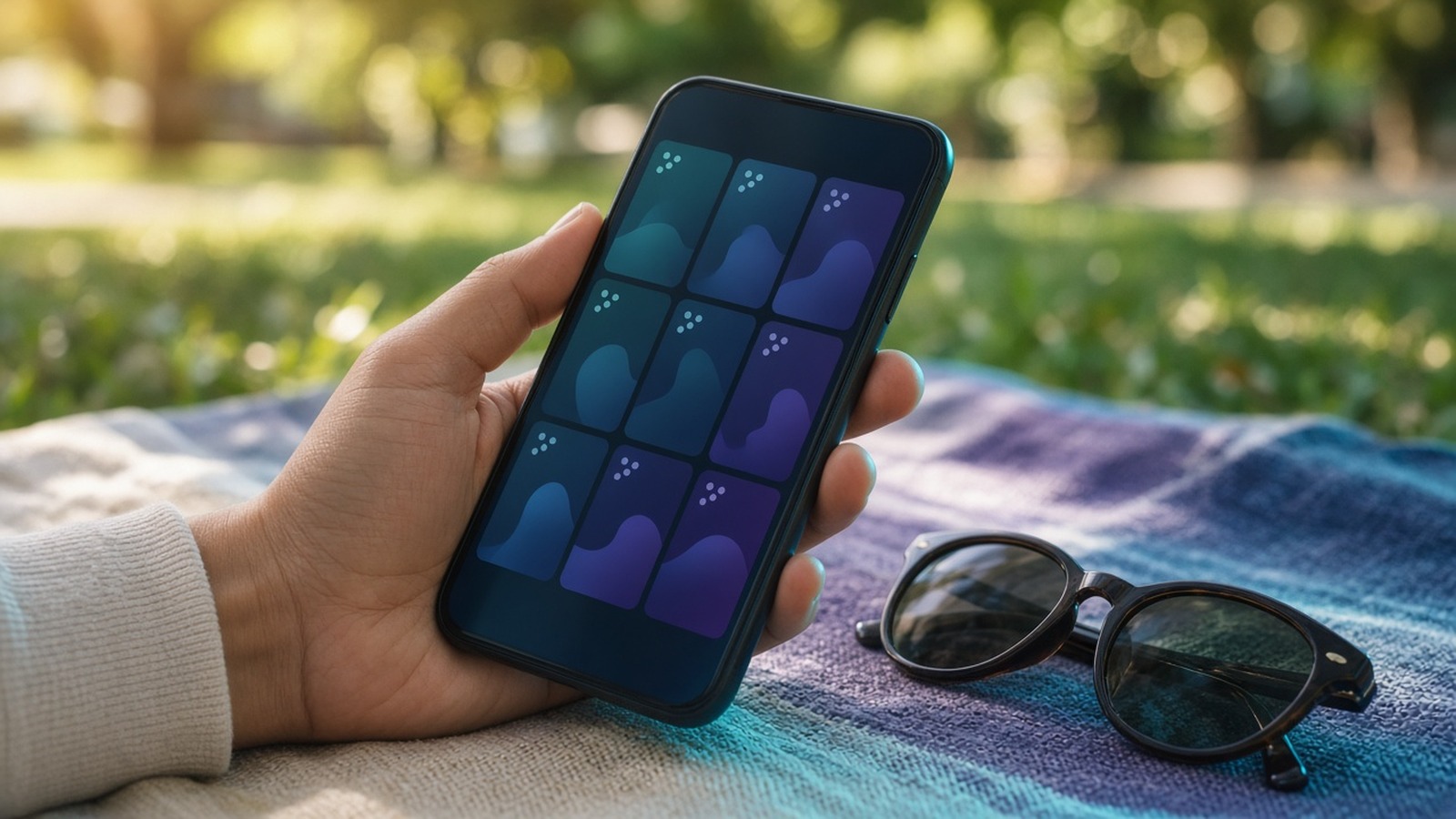 A hand holding a phone with a photo grid beside sunglasses on a picnic blanket