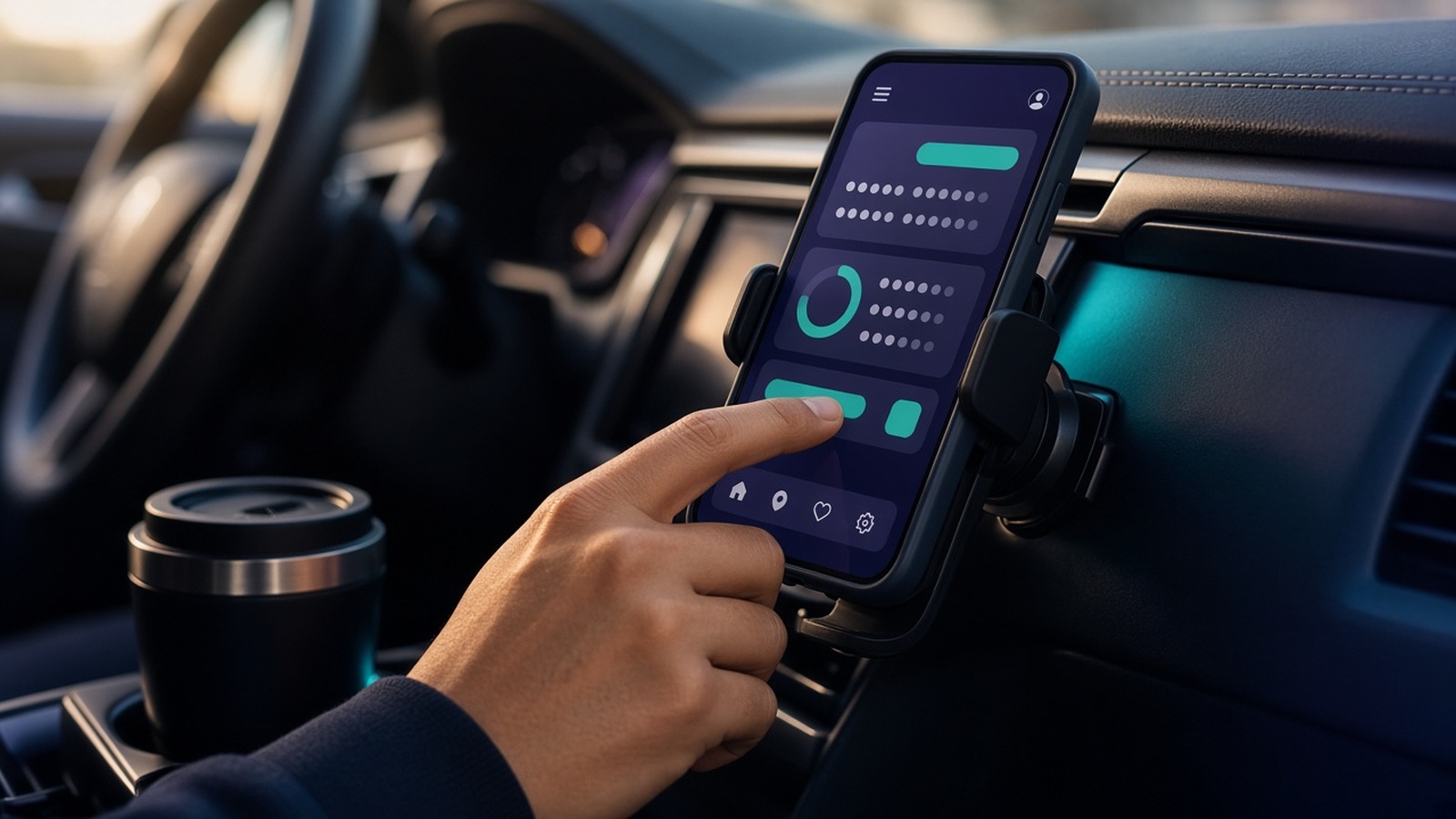 Phone in a dashboard mount inside a car
