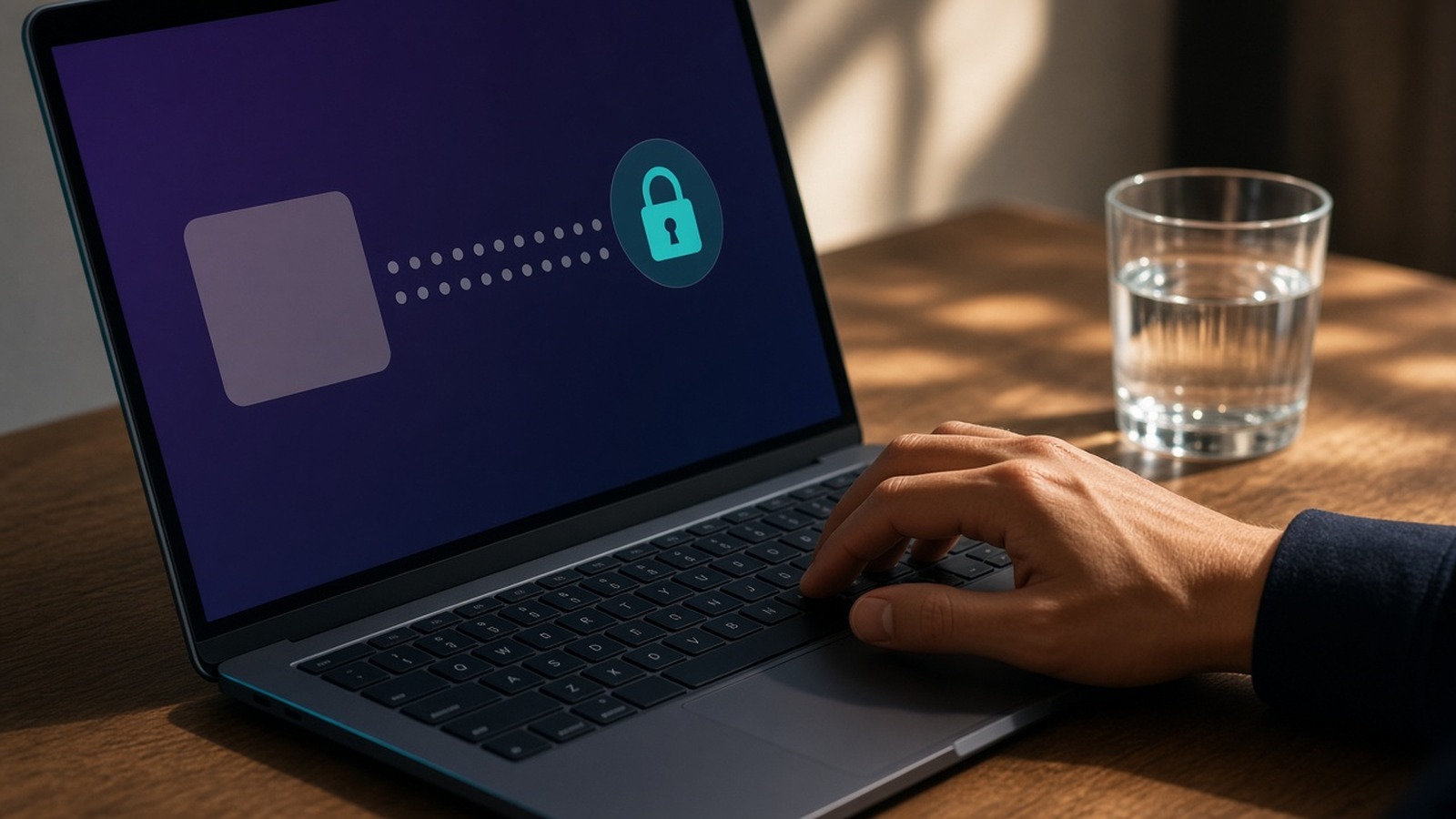 A hand typing on a laptop showing a padlock and masked fields beside a glass of water