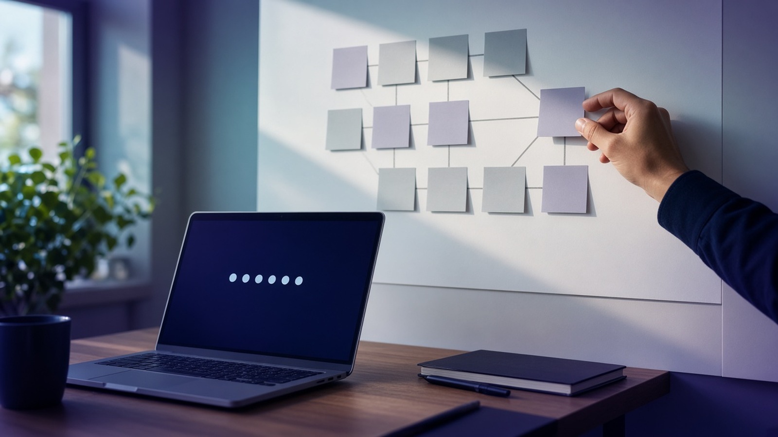 A person arranging sticky notes on a whiteboard above a laptop with a masked password screen