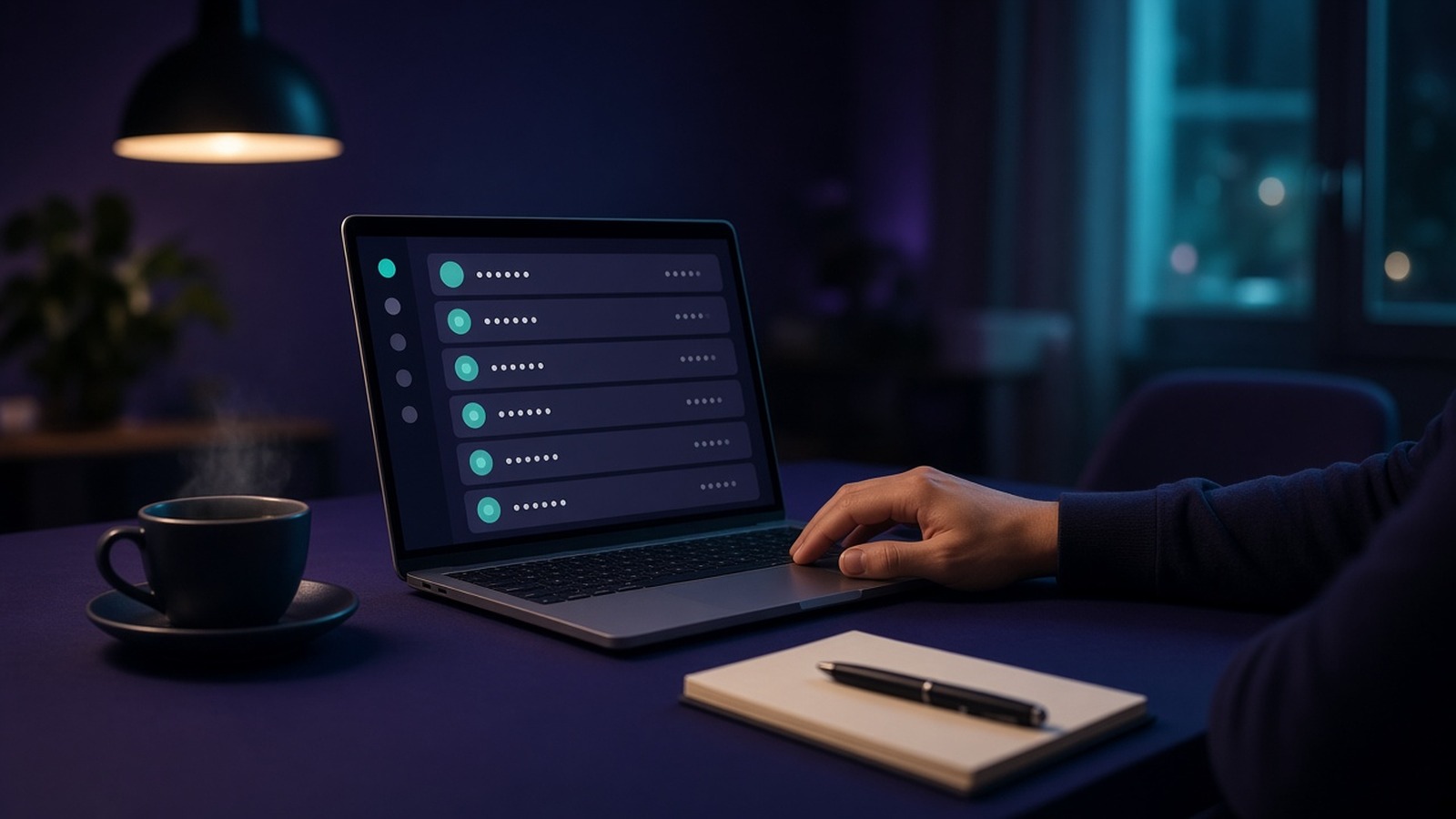 Laptop showing a list of notes on a dining table with tea in the evening