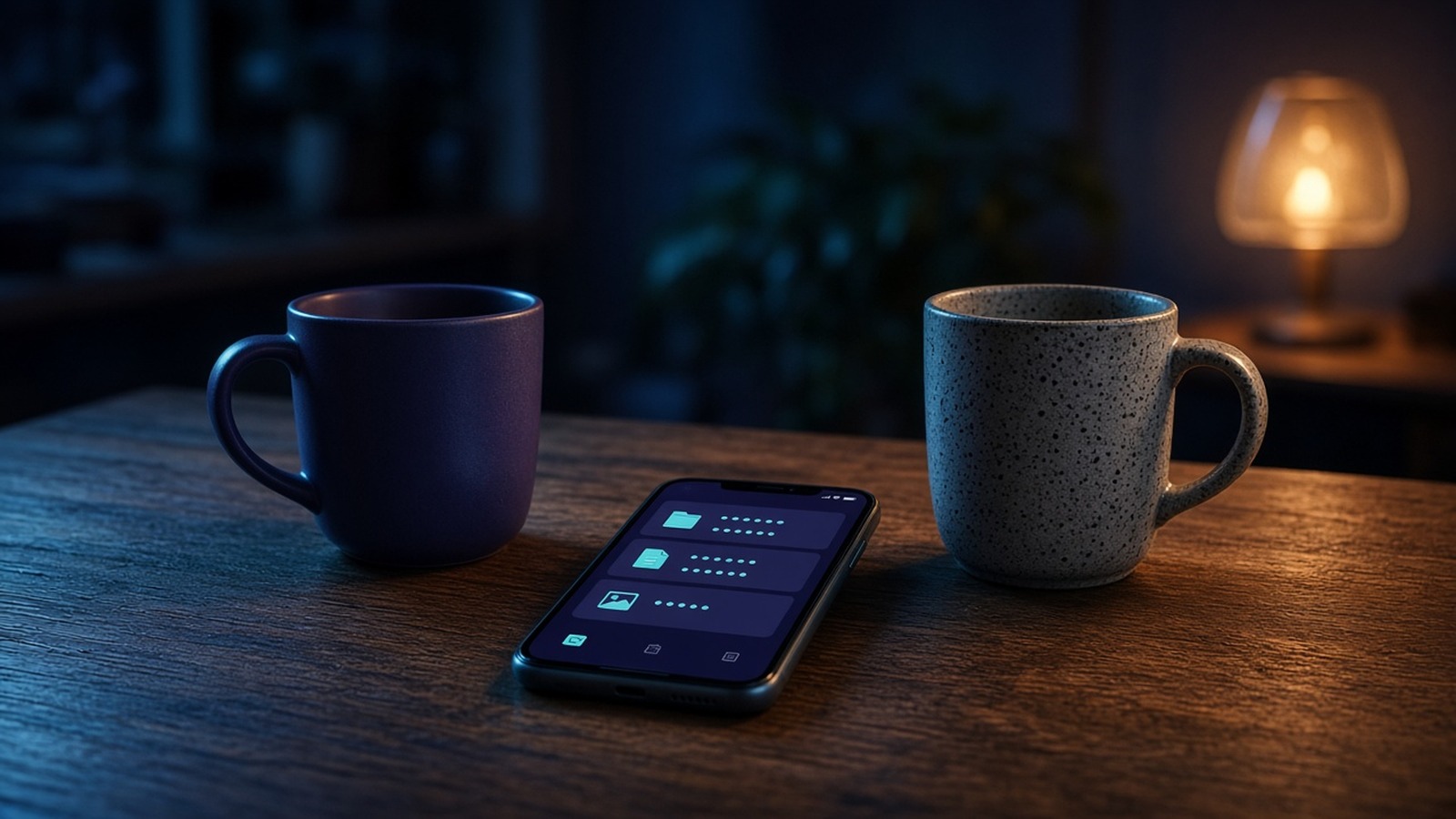 Phone showing a list of files on a wooden table between two mugs