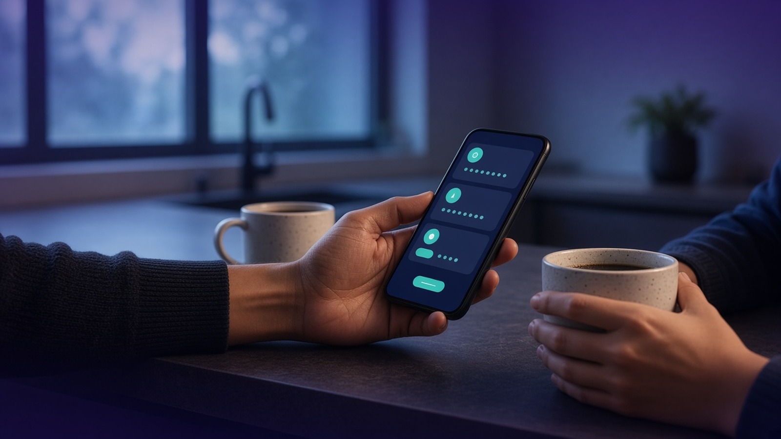 Two people's hands with coffee mugs and a phone on a kitchen island at dawn