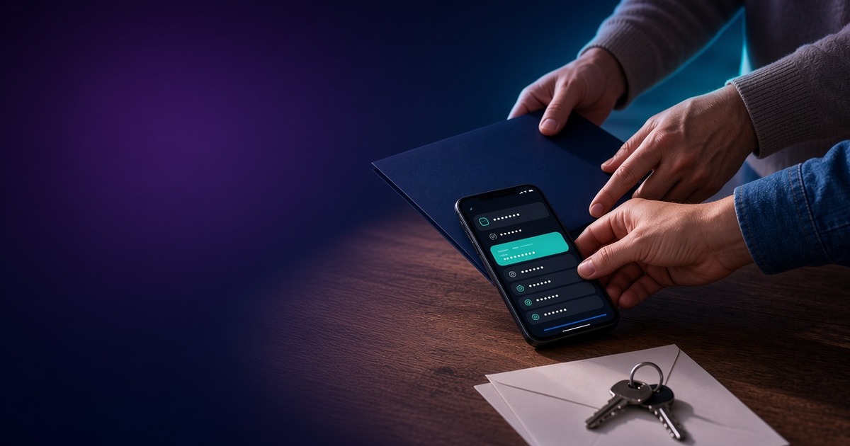 Two people's hands passing a folder across a kitchen table at night