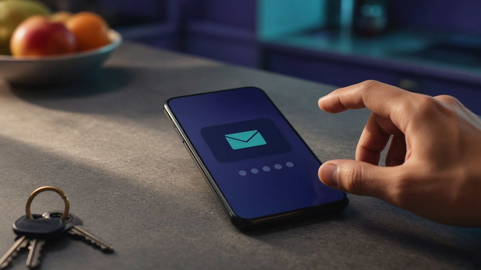 A finger tapping a phone with an envelope icon beside keys and a bowl of fruit