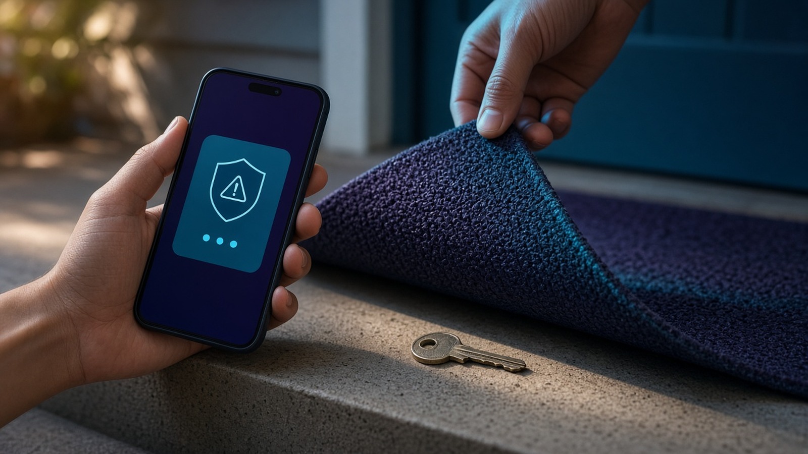 A hand lifting a doormat to reveal a key while holding a phone with a warning icon
