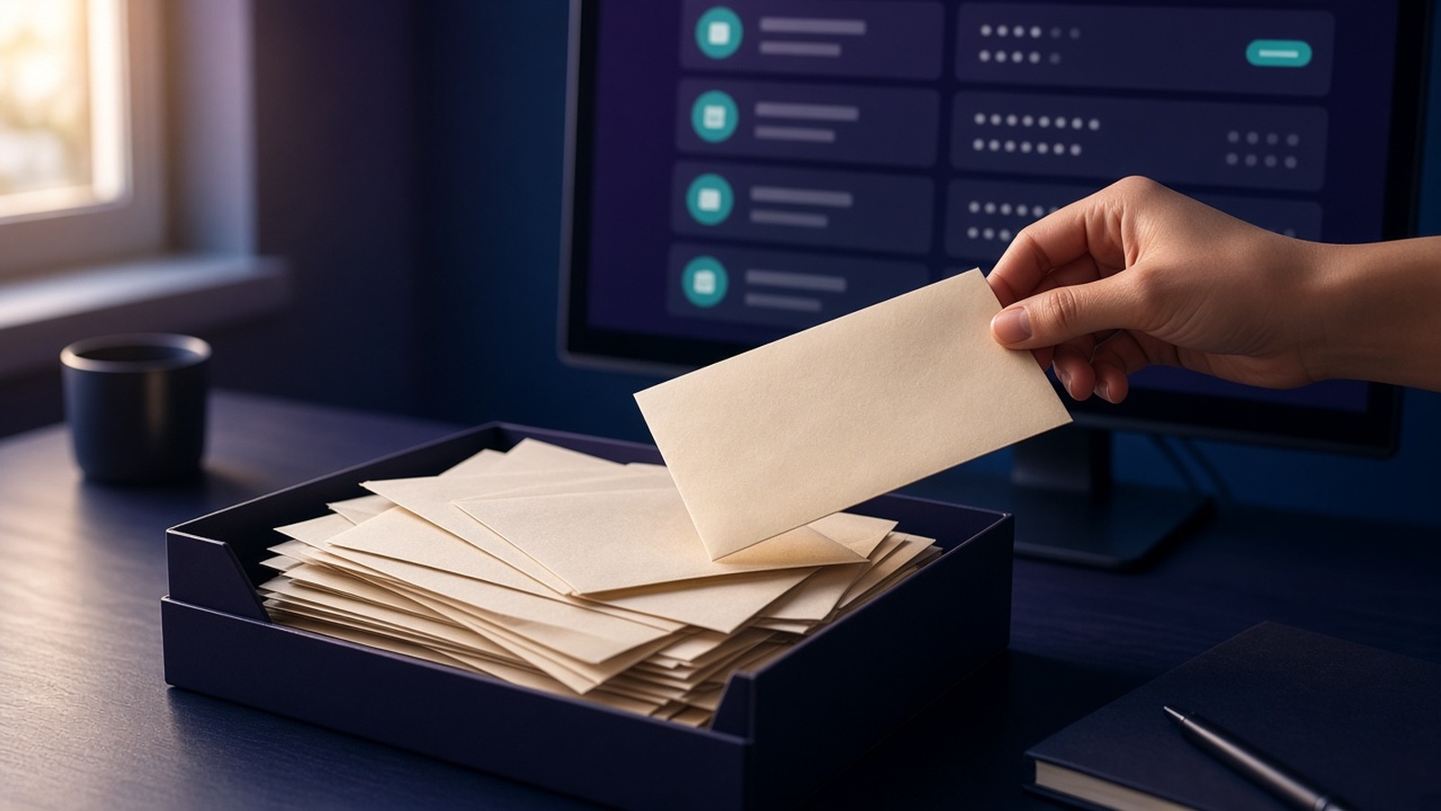 A hand placing an envelope into a tray of letters below a monitor with masked entries