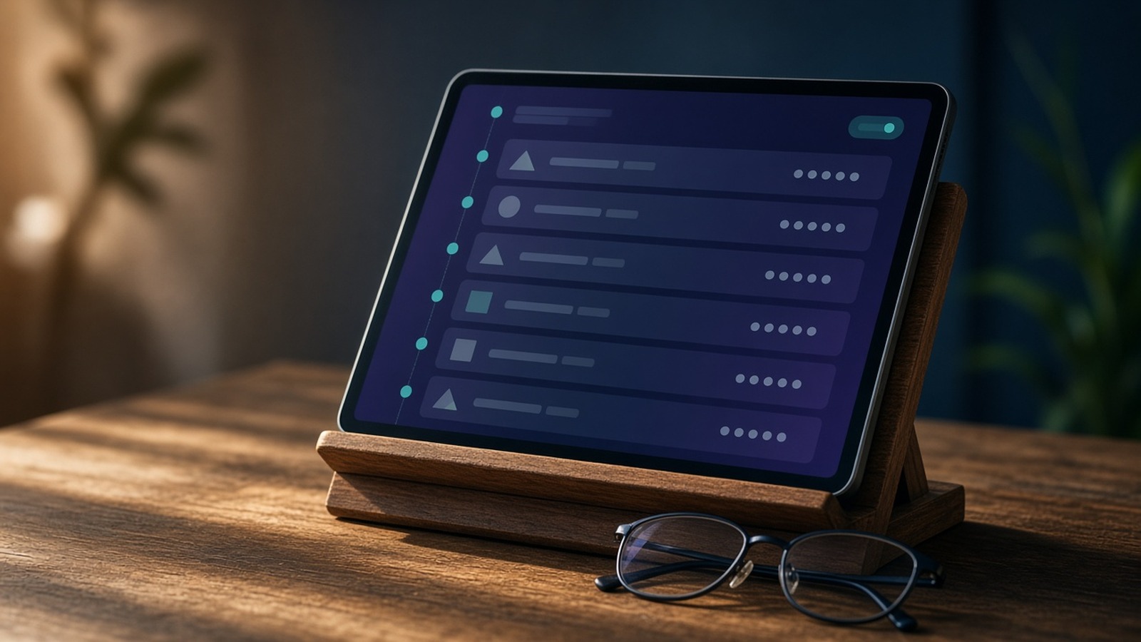 A tablet on a wooden stand showing a list of masked accounts beside reading glasses