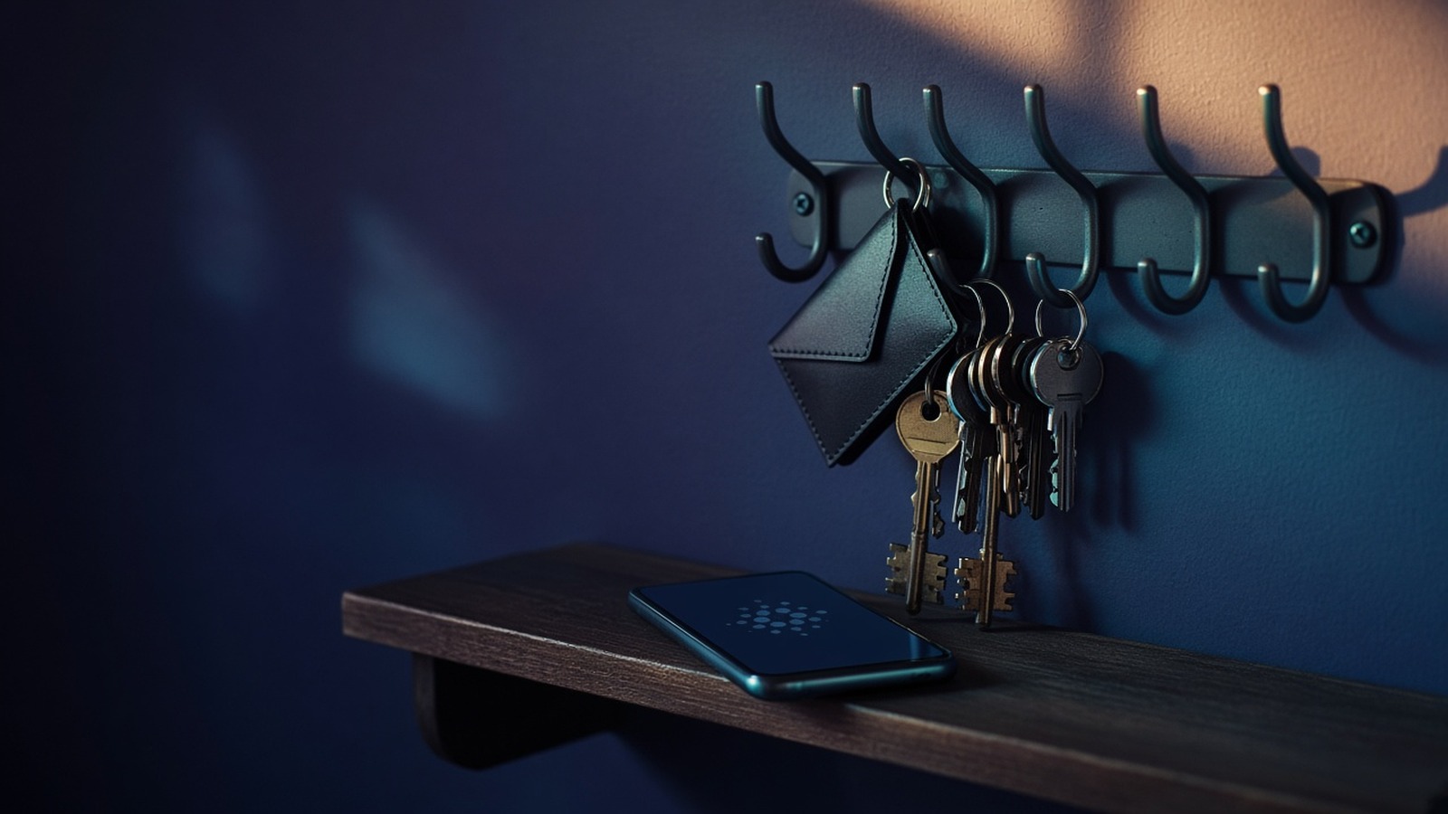 Keys and a small pouch hanging from wall hooks above a phone on a shelf