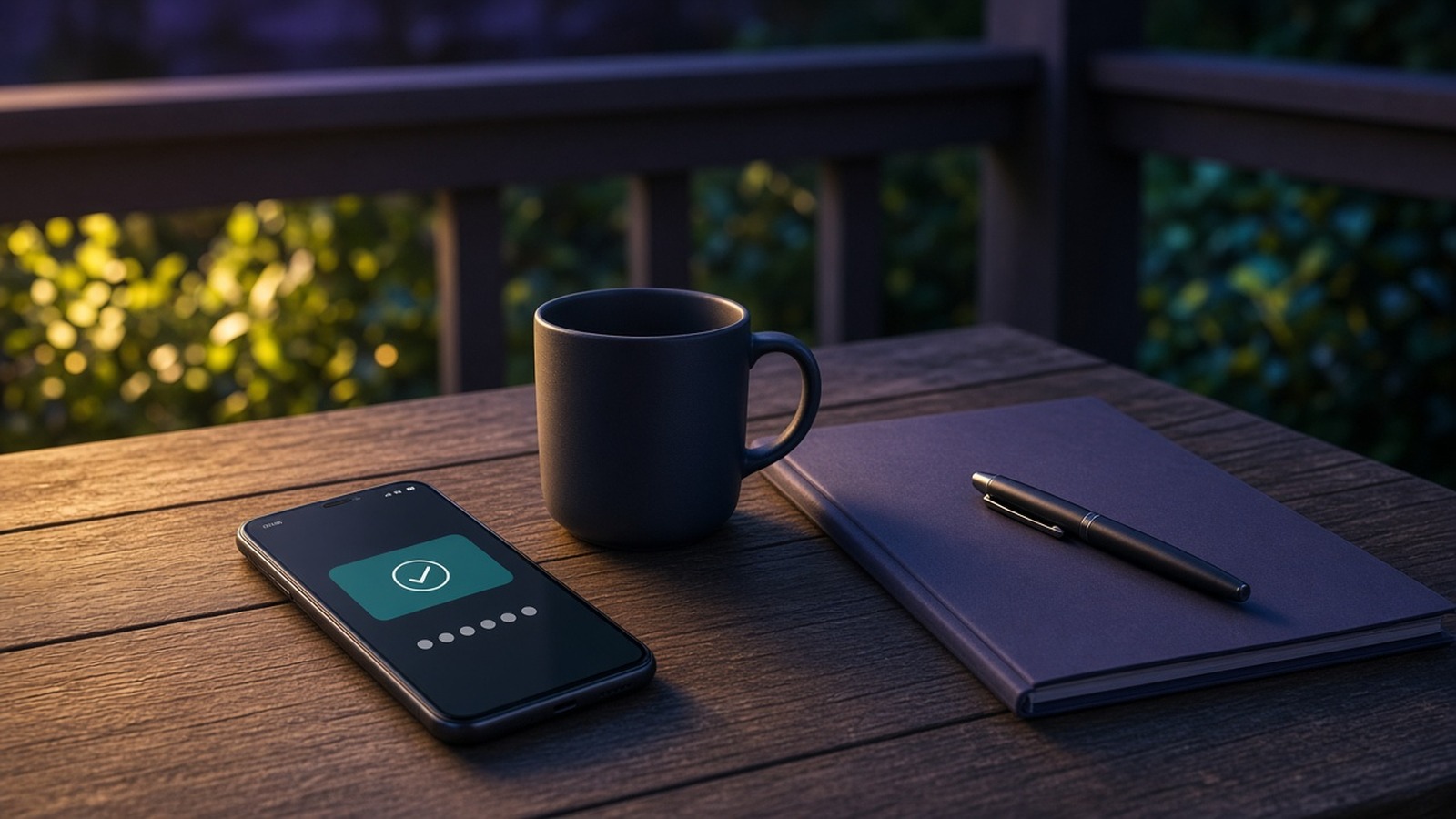 Porch table with a phone showing a check mark, a mug and a notebook at golden hour