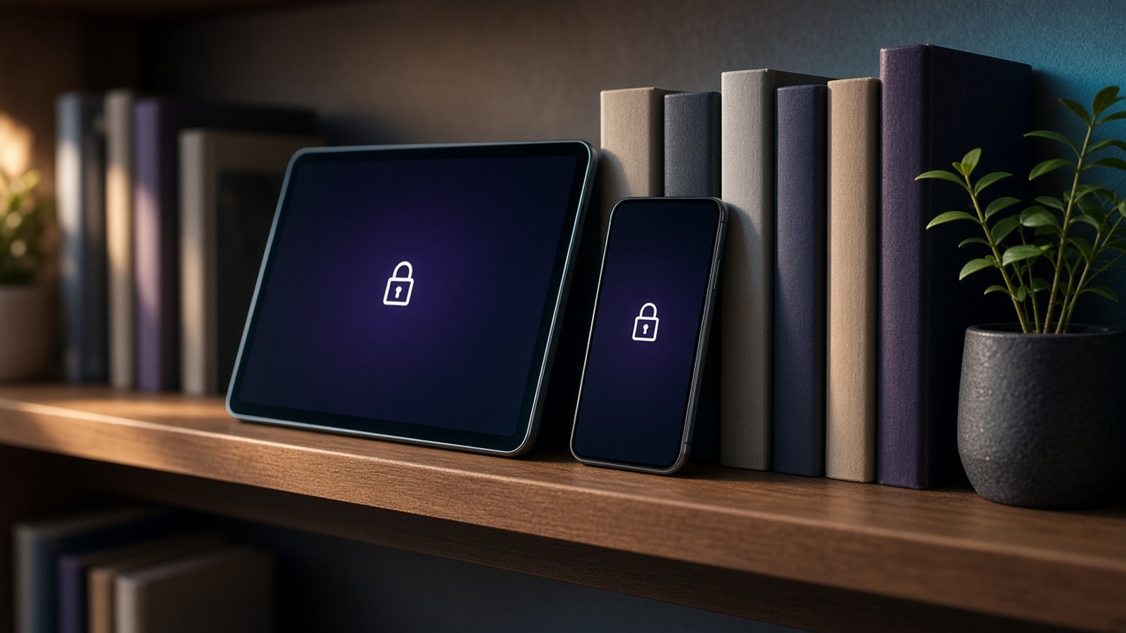 Locked tablet and phone resting on a bookshelf